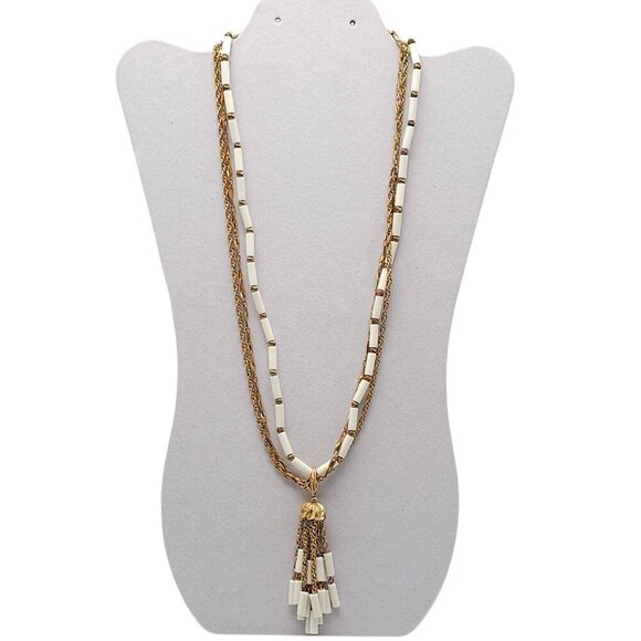 Vintage Gold White Acrylic Multi-Strand Necklace With Tassel Pendant - Picture 1 of 7